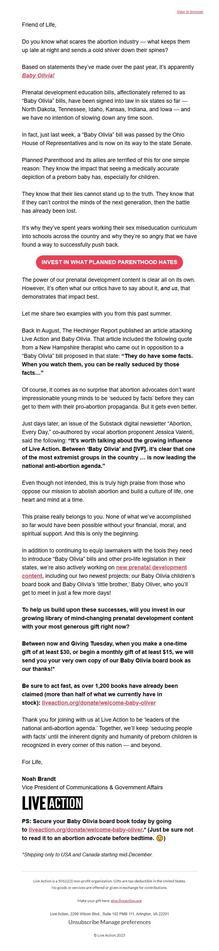 Screenshot of the email generated on import