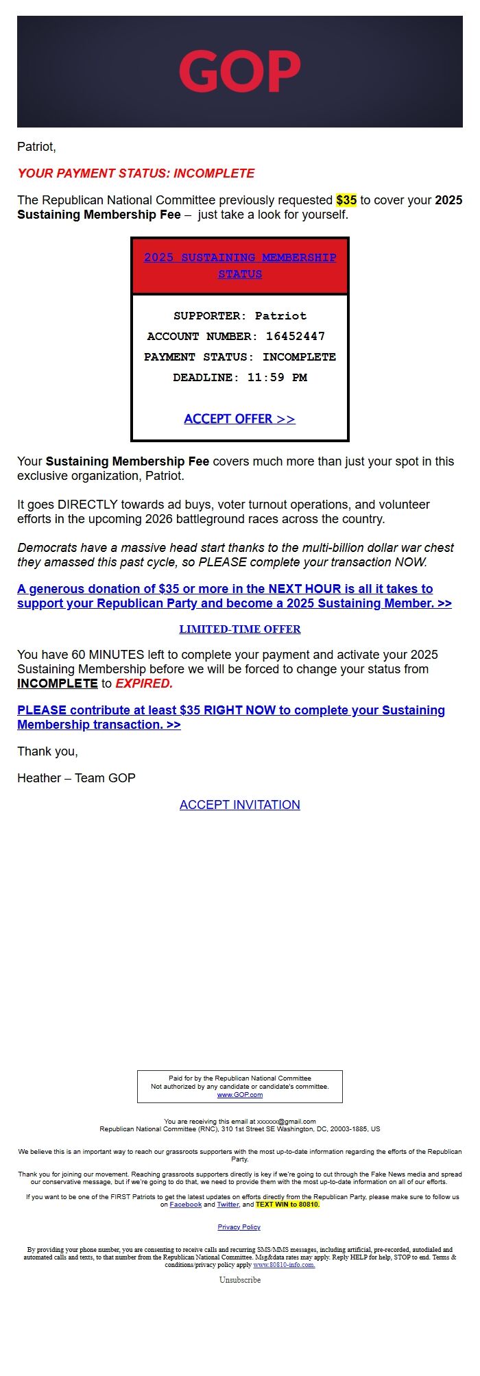 Screenshot of the email generated on import