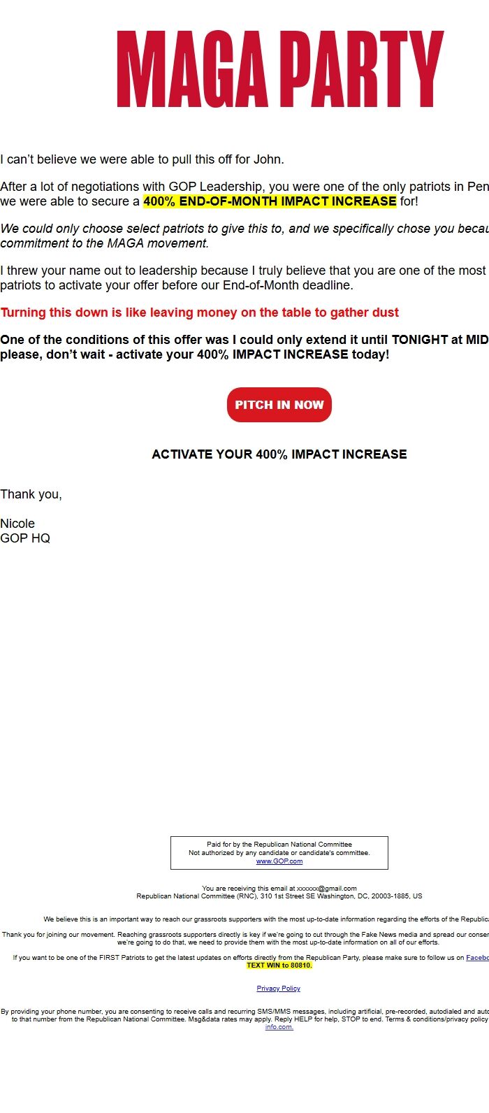 Screenshot of the email generated on import