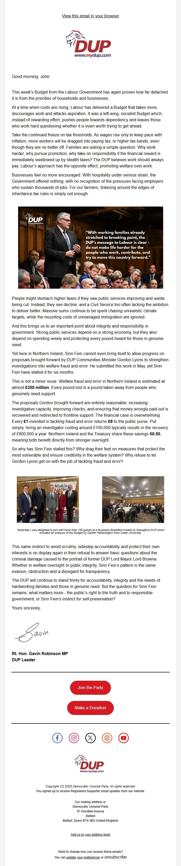 Screenshot of the email generated on import