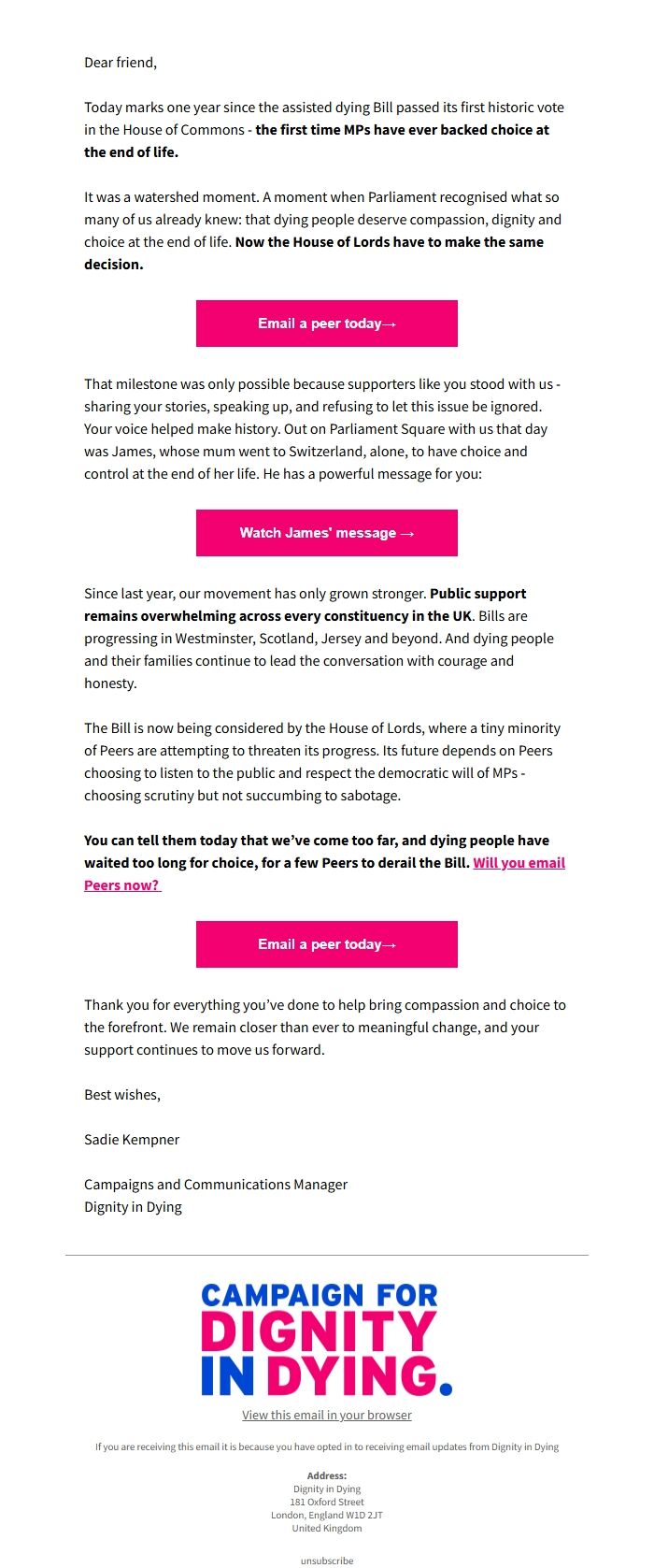 Screenshot of the email generated on import