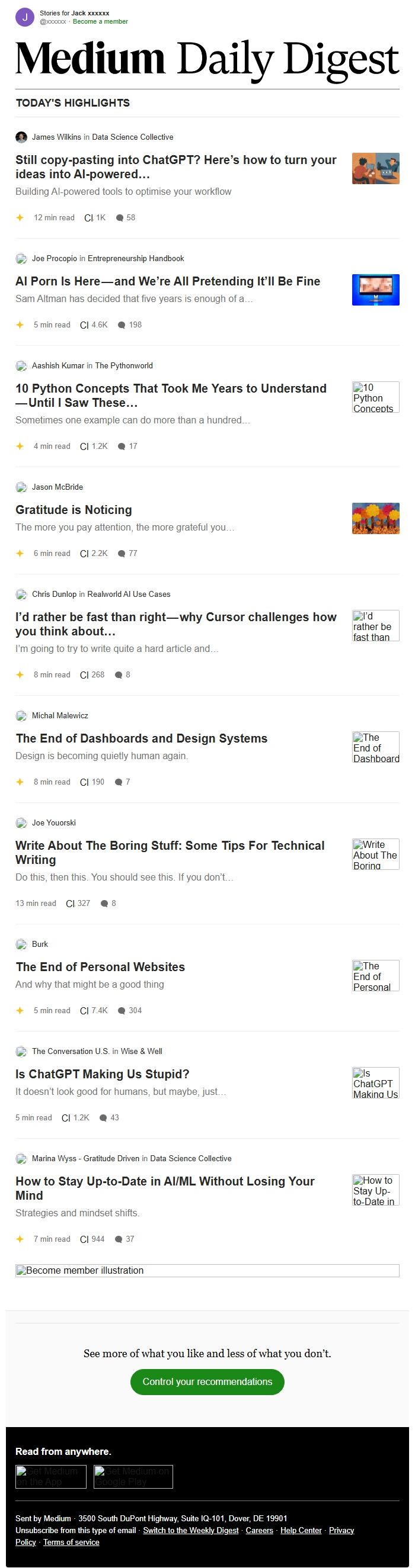 Screenshot of the email generated on import