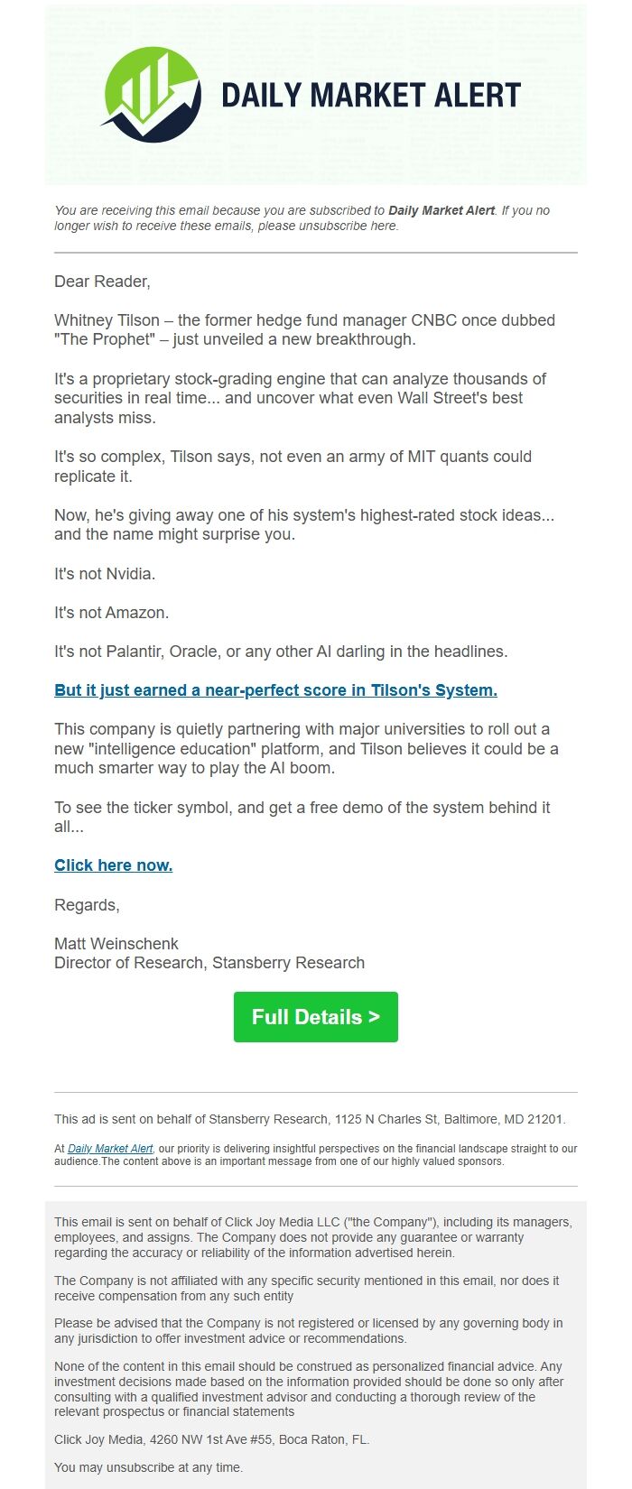 Screenshot of the email generated on import