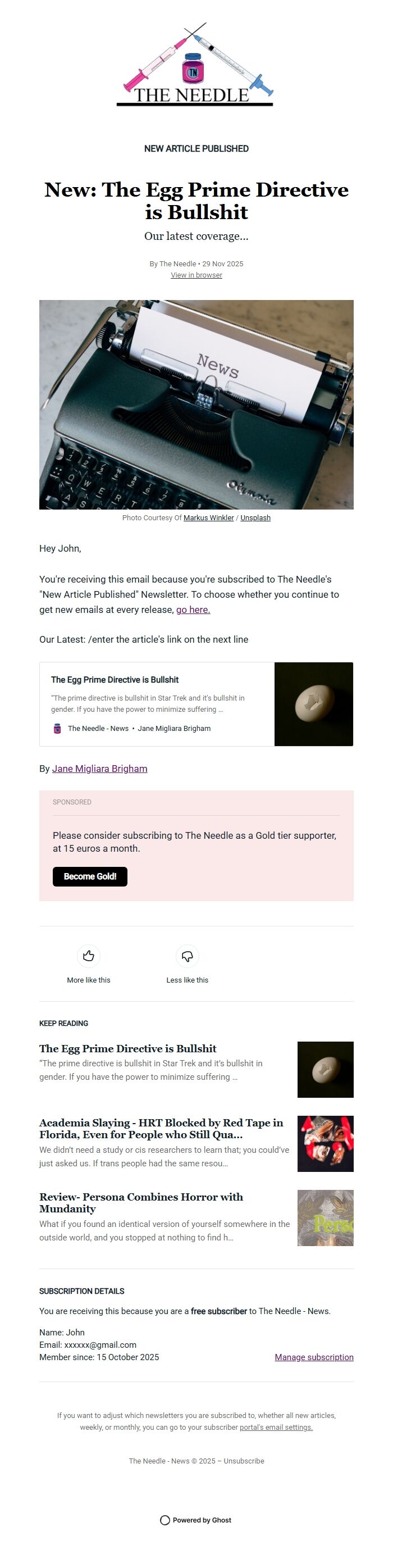 Screenshot of the email generated on import