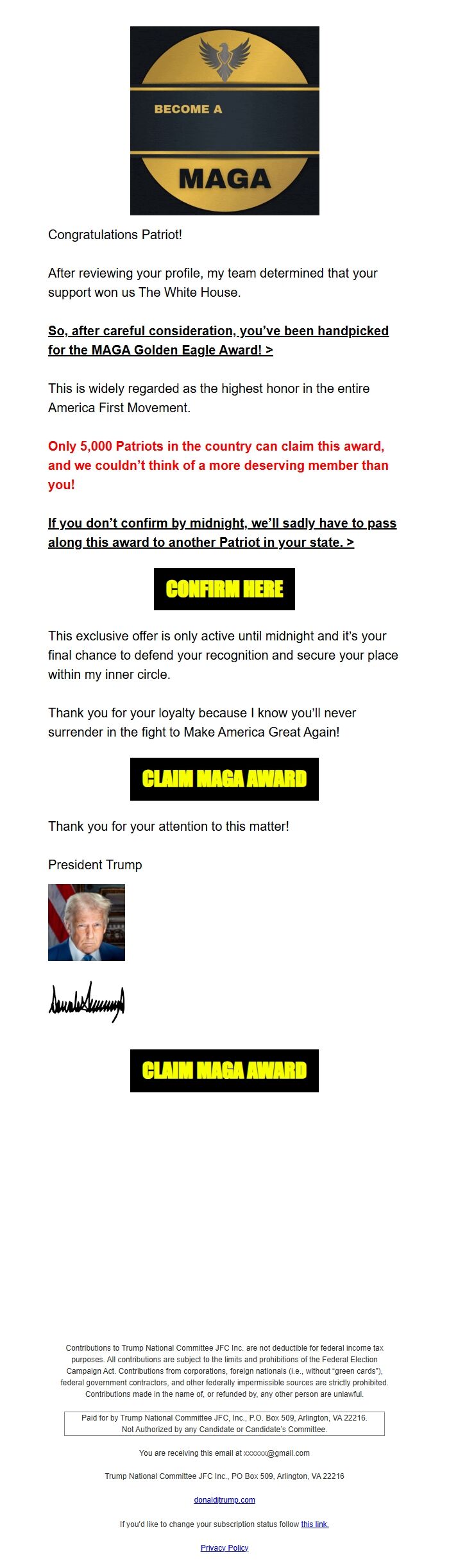 Screenshot of the email generated on import