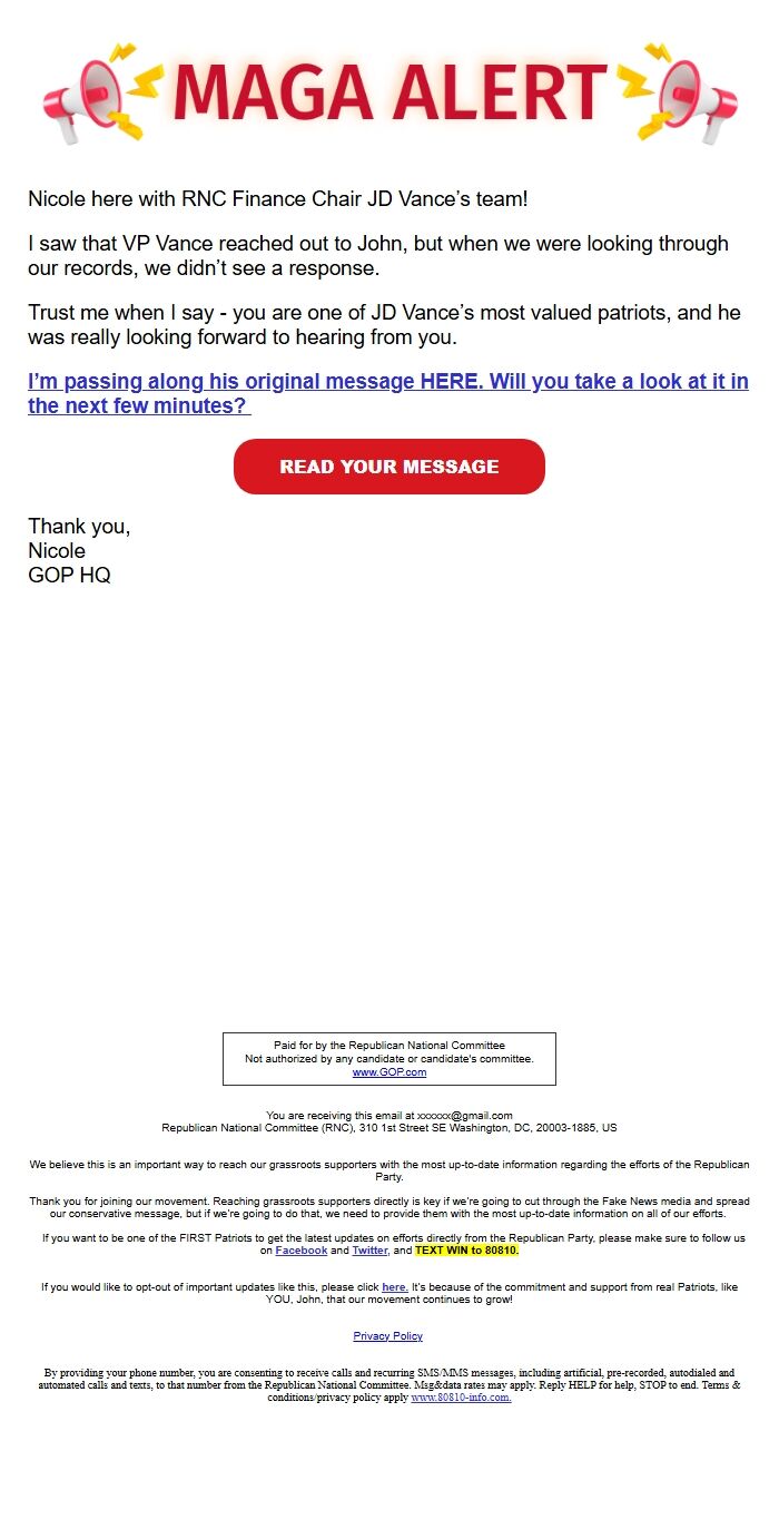 Screenshot of the email generated on import