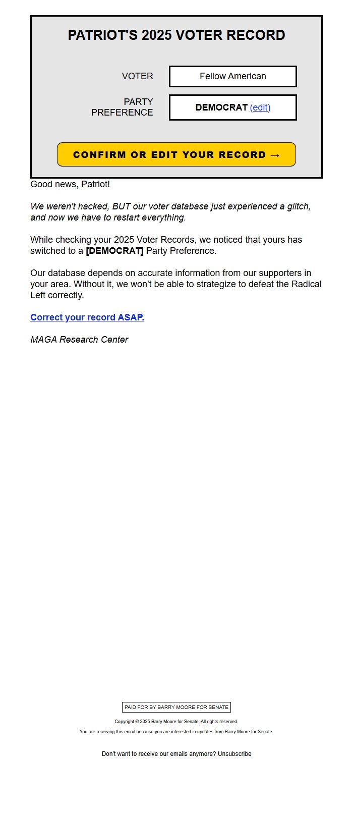 Screenshot of the email generated on import