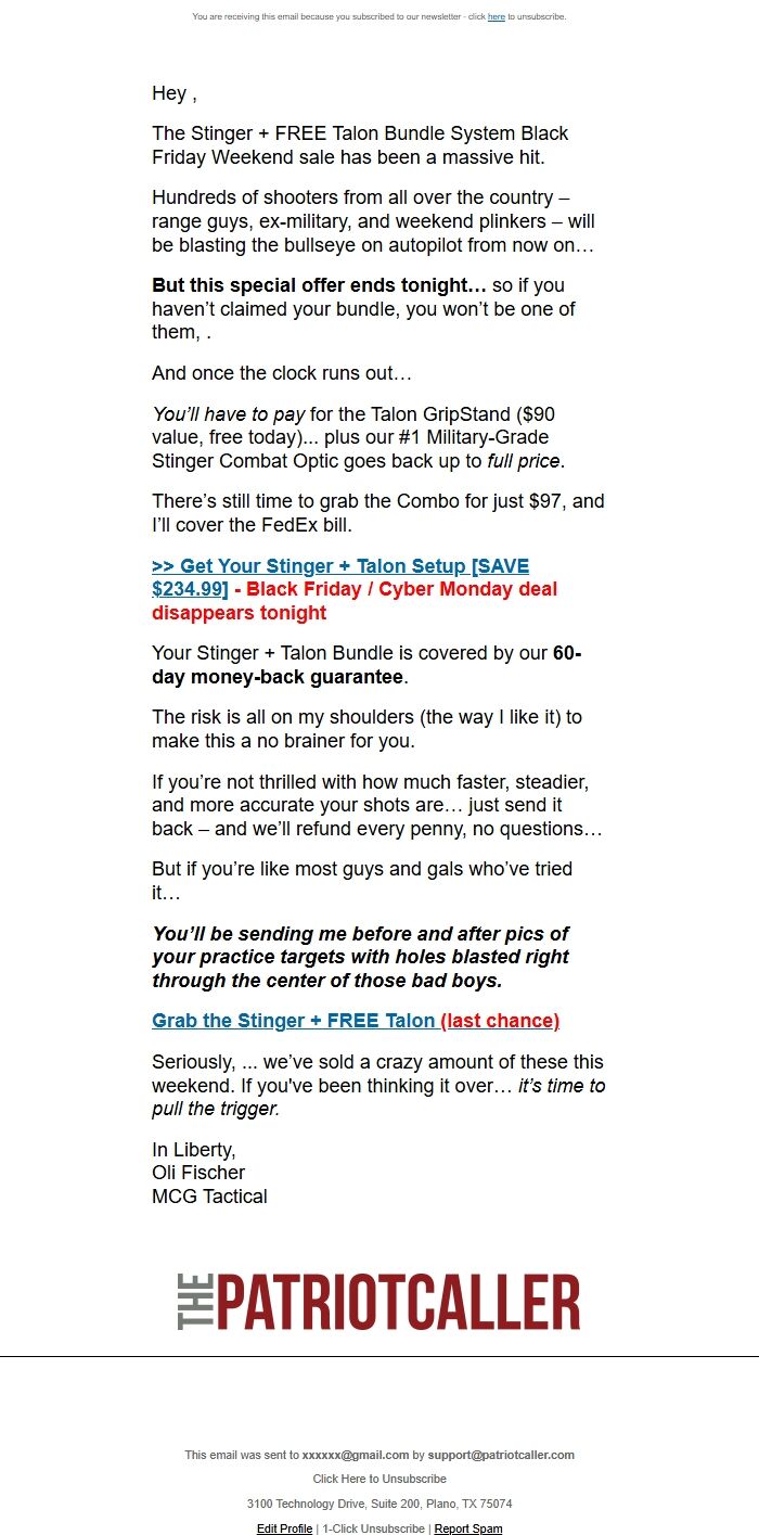 Screenshot of the email generated on import