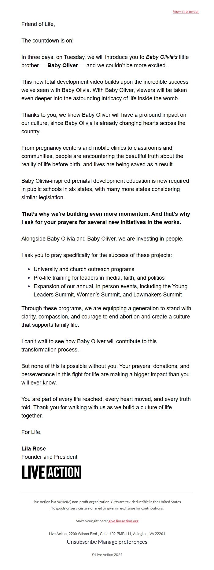 Screenshot of the email generated on import