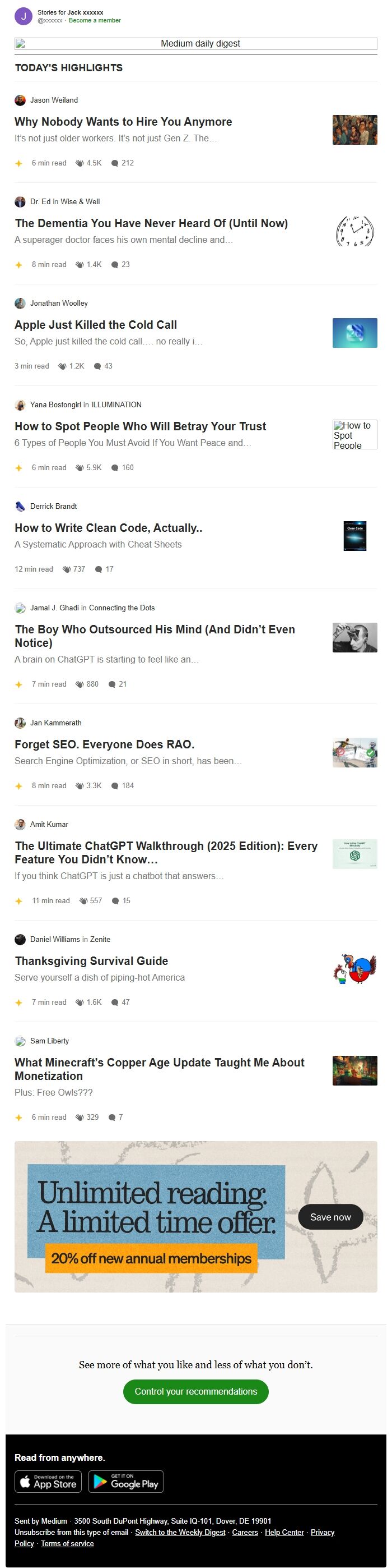 Screenshot of the email generated on import