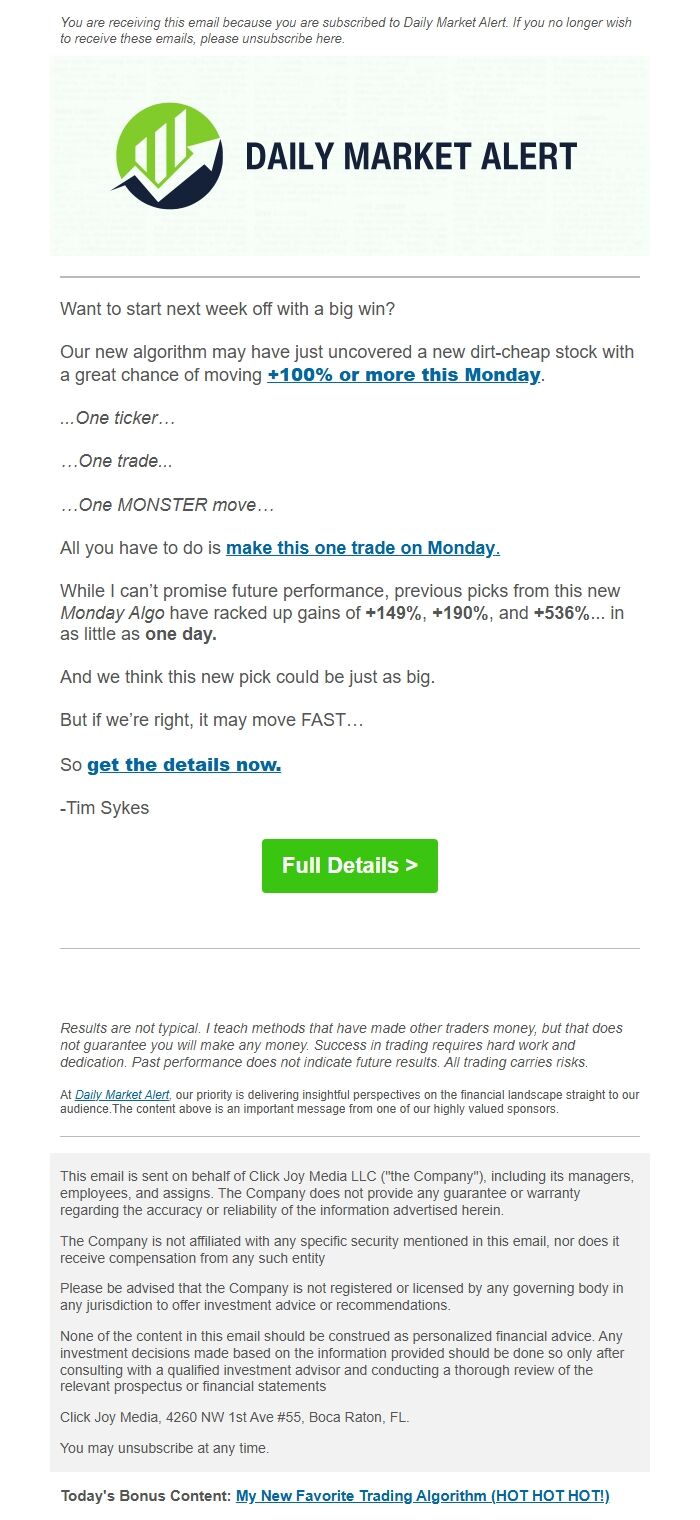Screenshot of the email generated on import