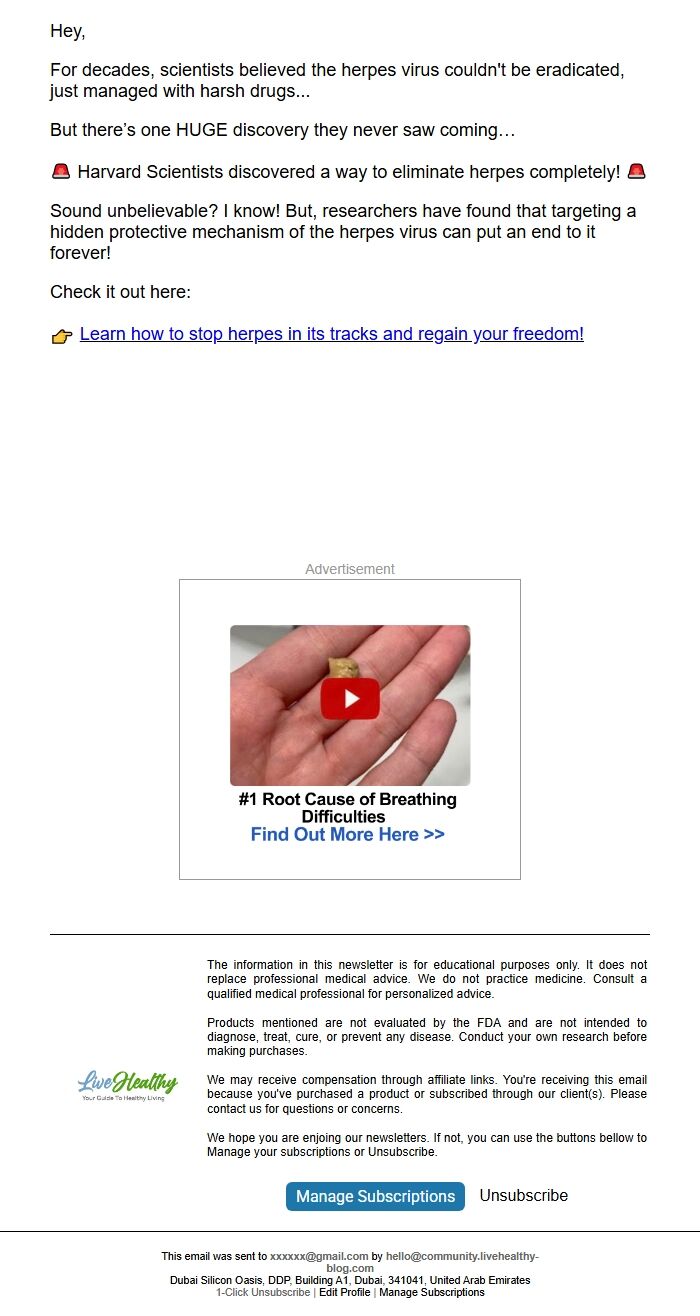 Screenshot of the email generated on import