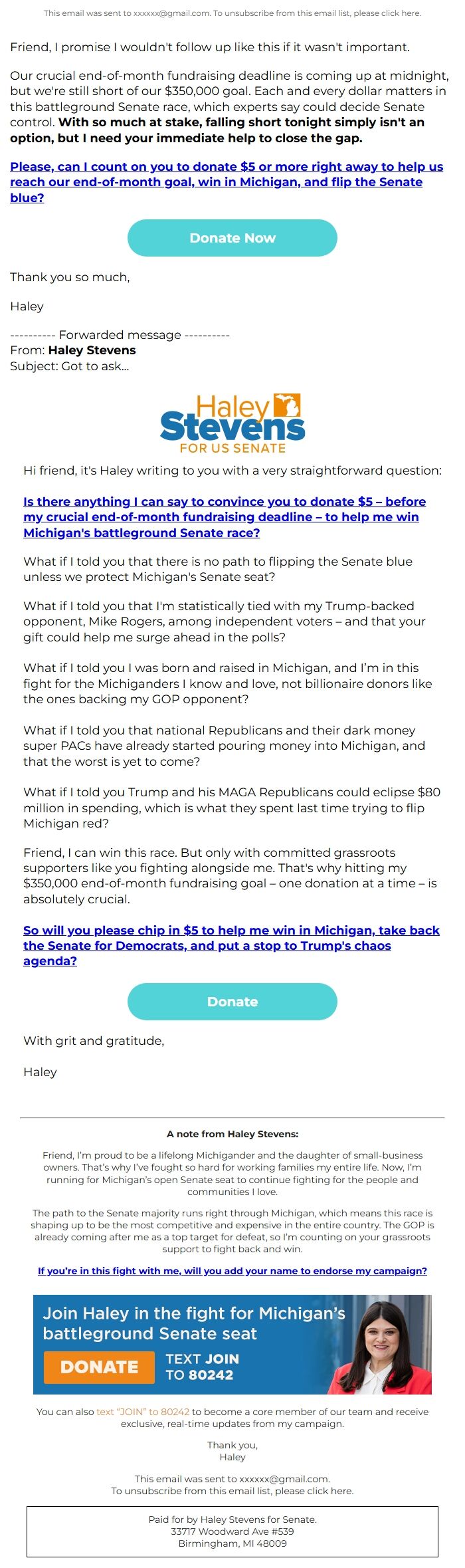 Screenshot of the email generated on import