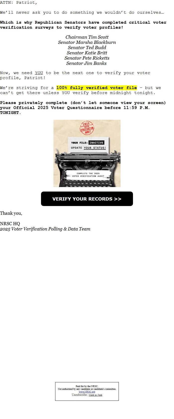 Screenshot of the email generated on import