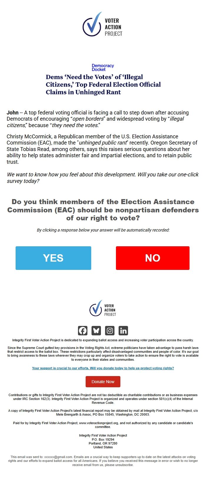 Screenshot of the email generated on import