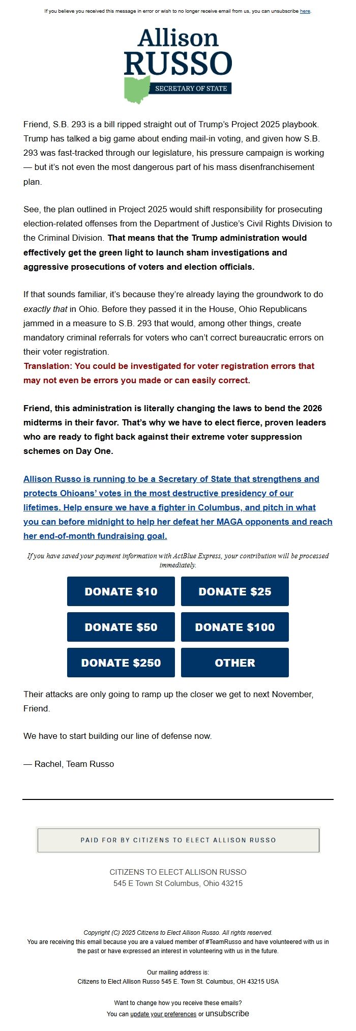 Screenshot of the email generated on import