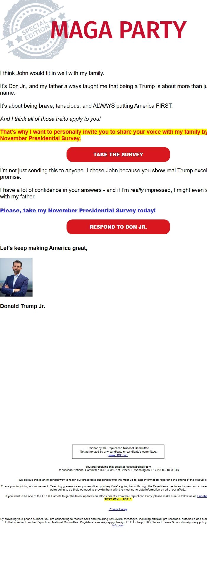 Screenshot of the email generated on import