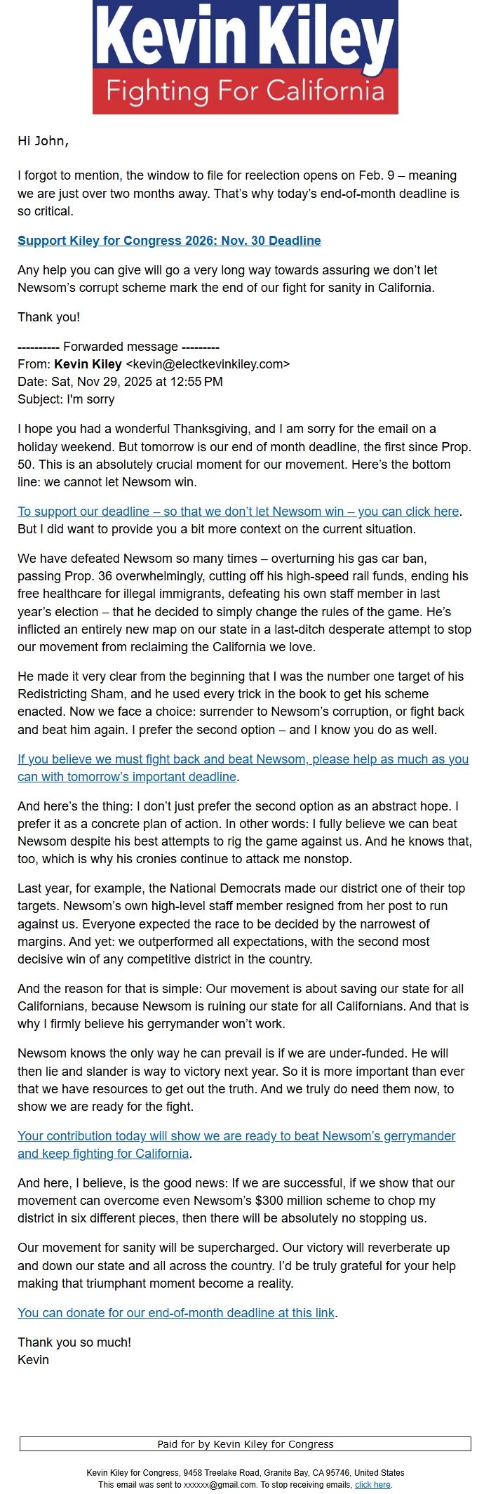 Screenshot of the email generated on import