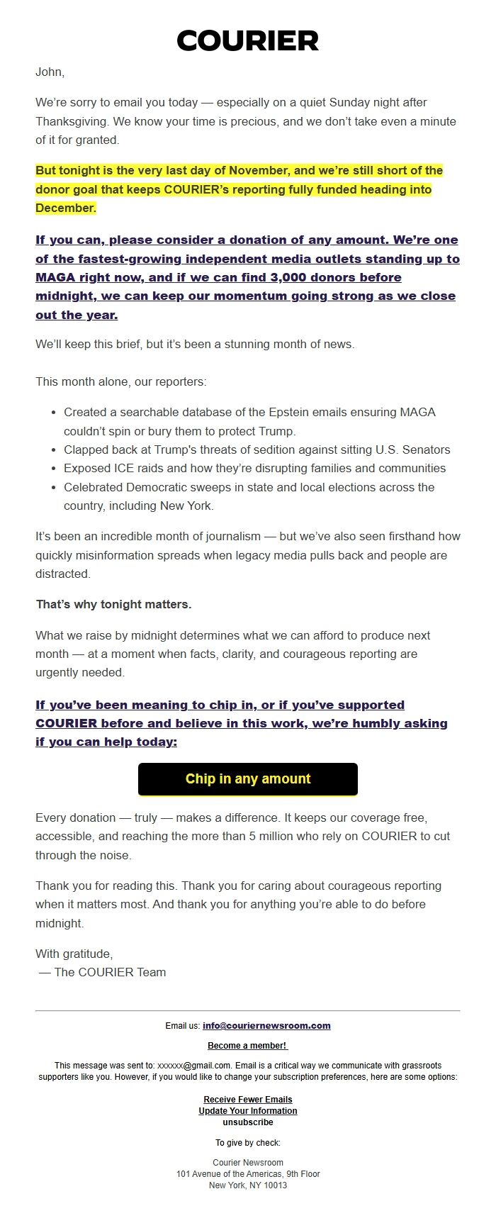 Screenshot of the email generated on import