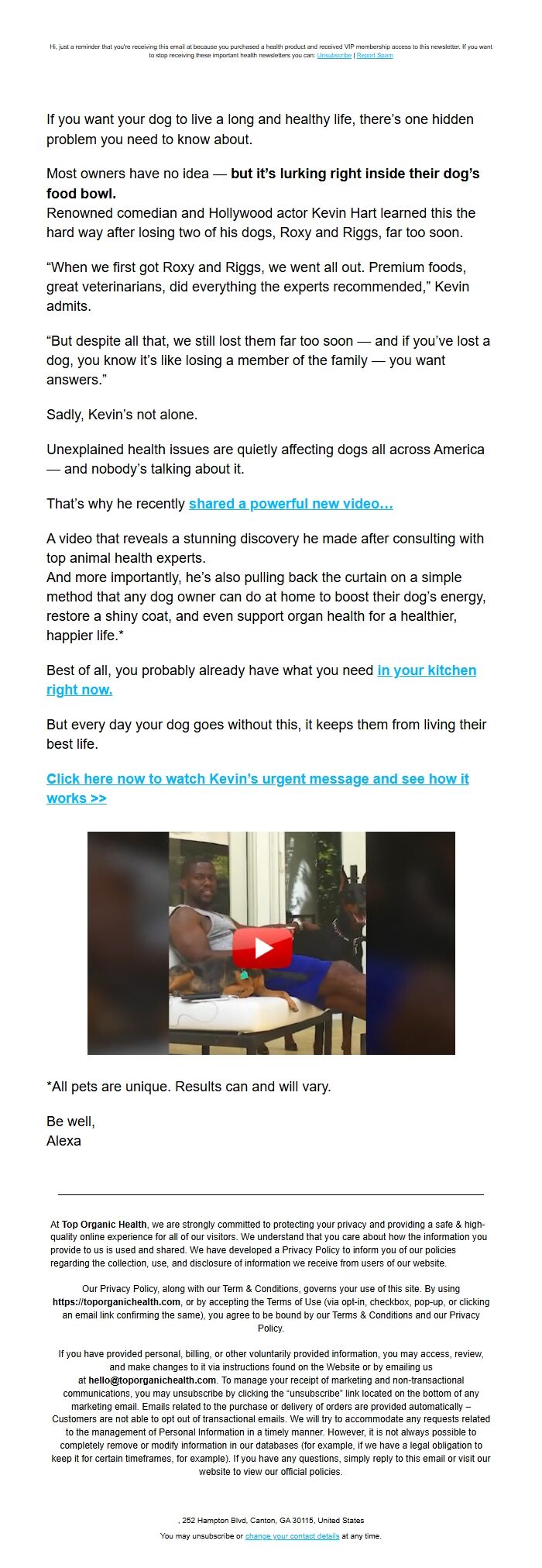 Screenshot of the email generated on import