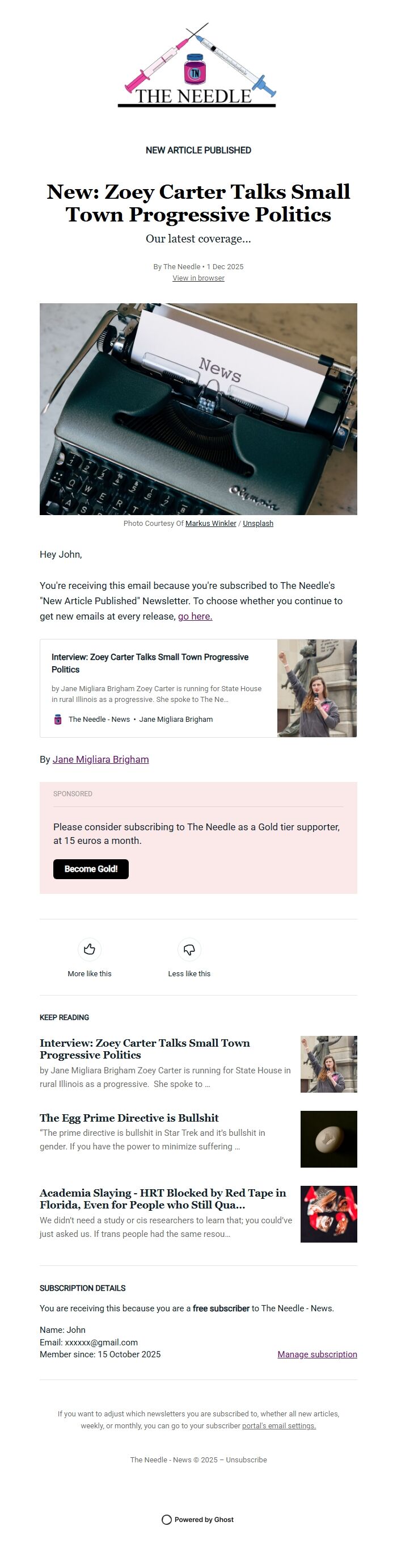 Screenshot of the email generated on import