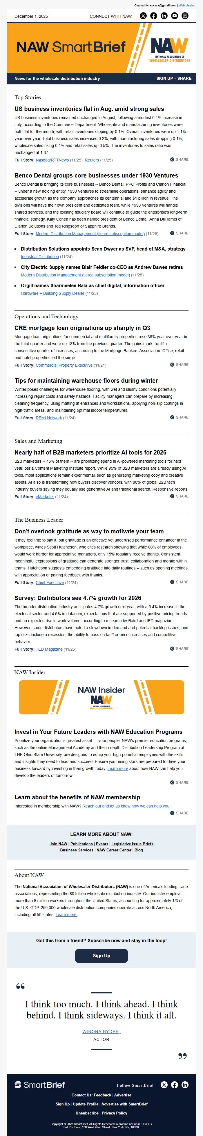 Screenshot of the email generated on import