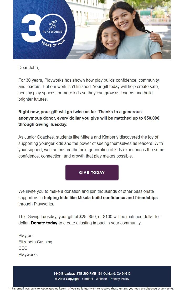 Screenshot of the email generated on import