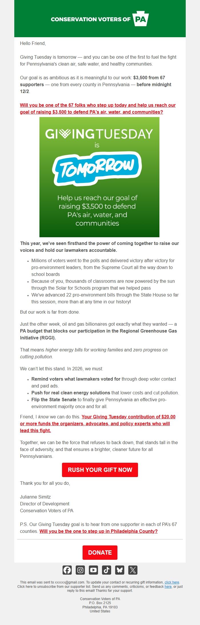 Screenshot of the email generated on import