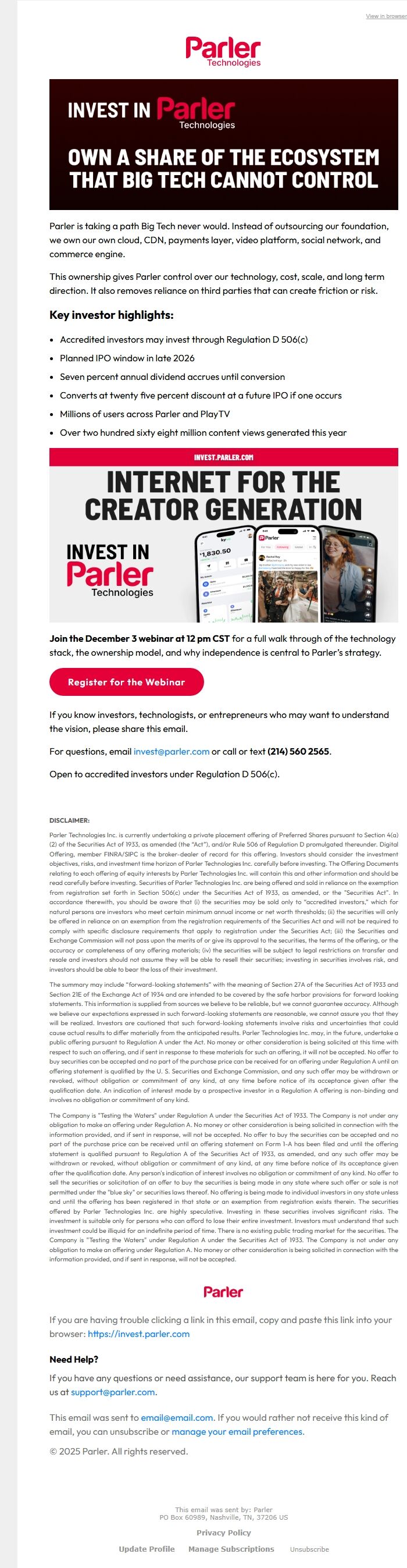 Screenshot of the email generated on import