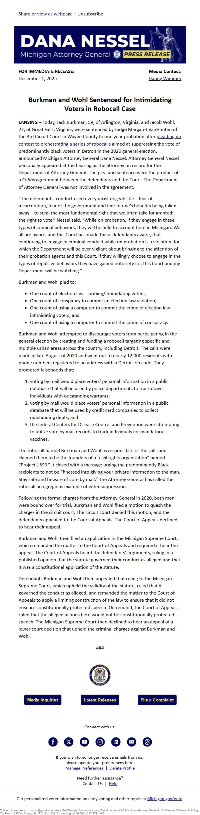 Screenshot of the email generated on import