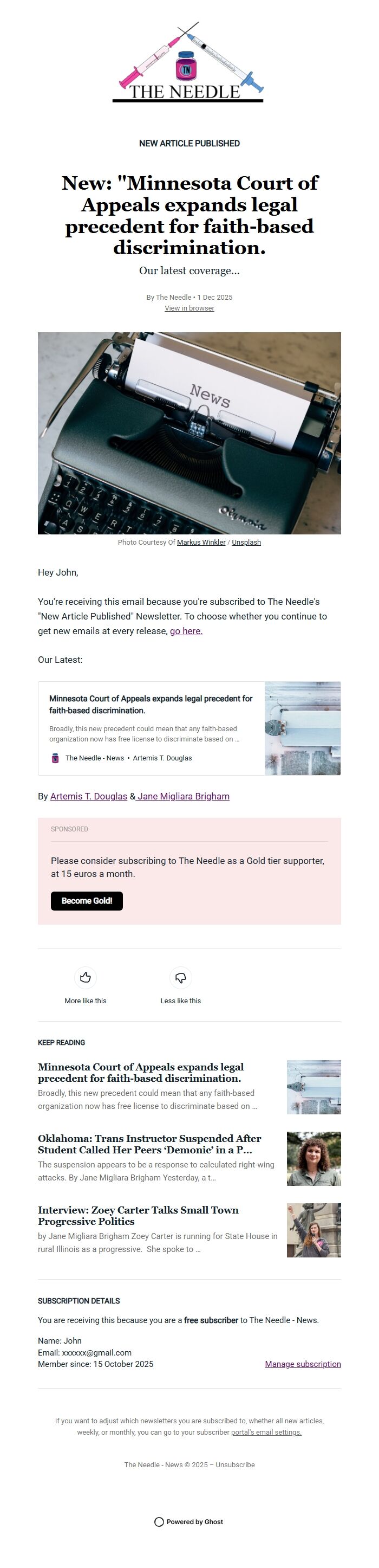 Screenshot of the email generated on import