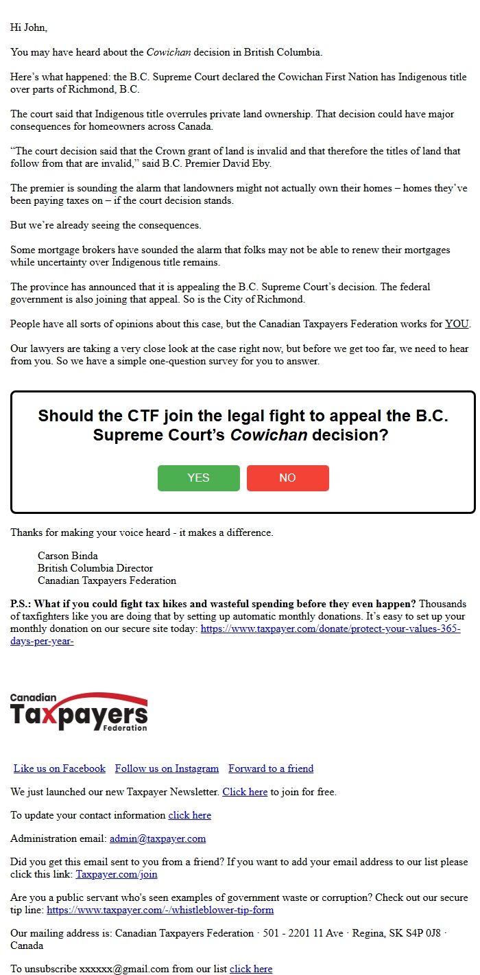 Screenshot of the email generated on import