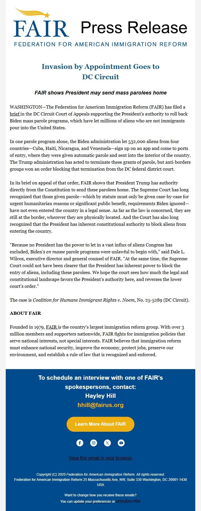 Screenshot of the email generated on import