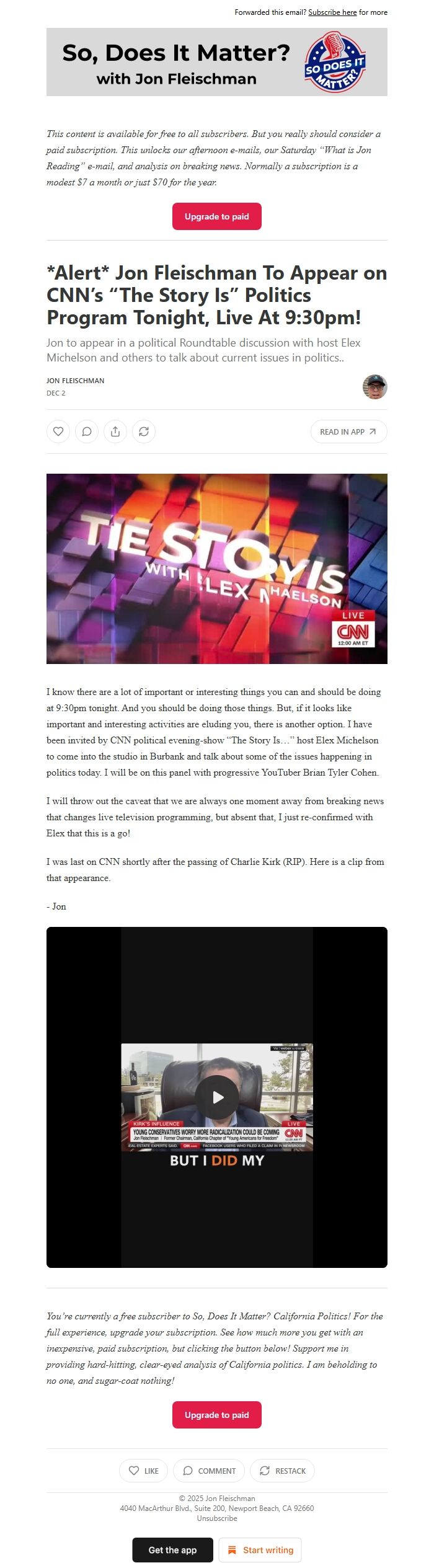 Screenshot of the email generated on import