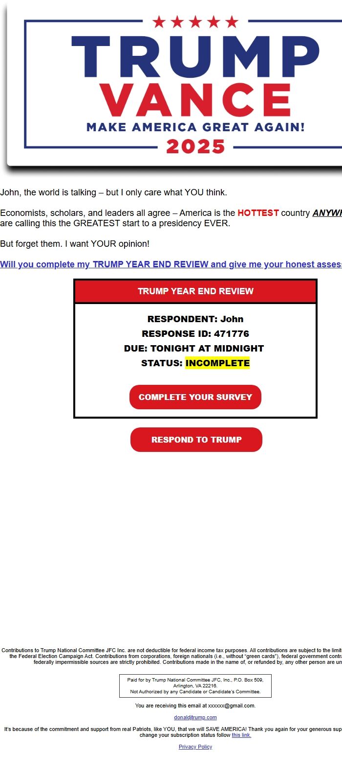 Screenshot of the email generated on import