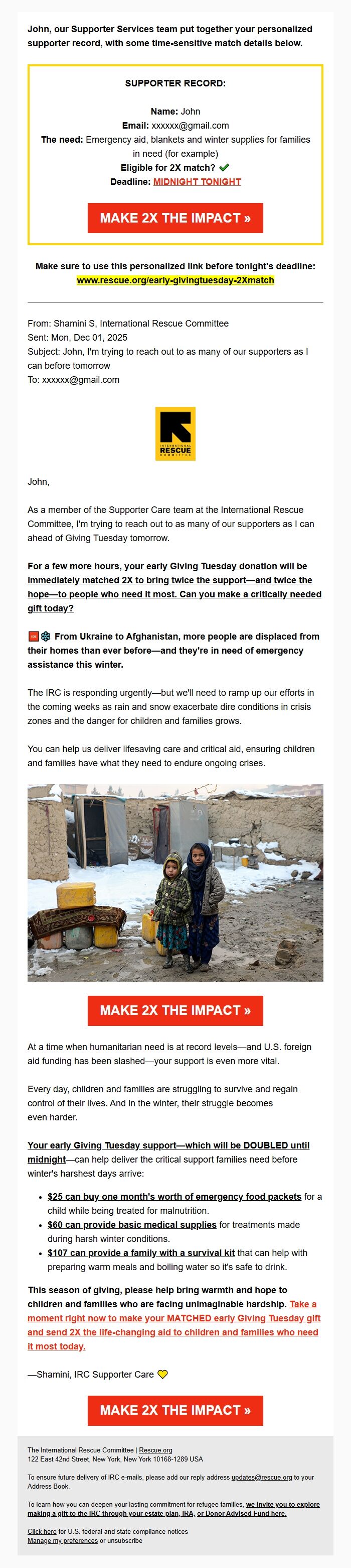 Screenshot of the email generated on import