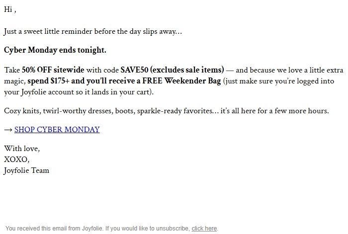 Screenshot of the email generated on import