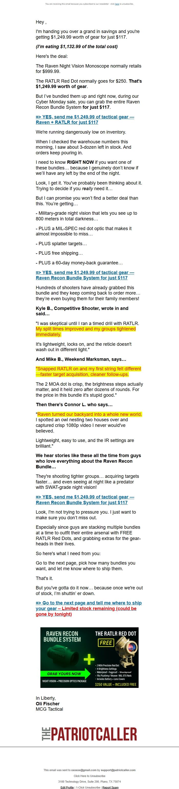 Screenshot of the email generated on import