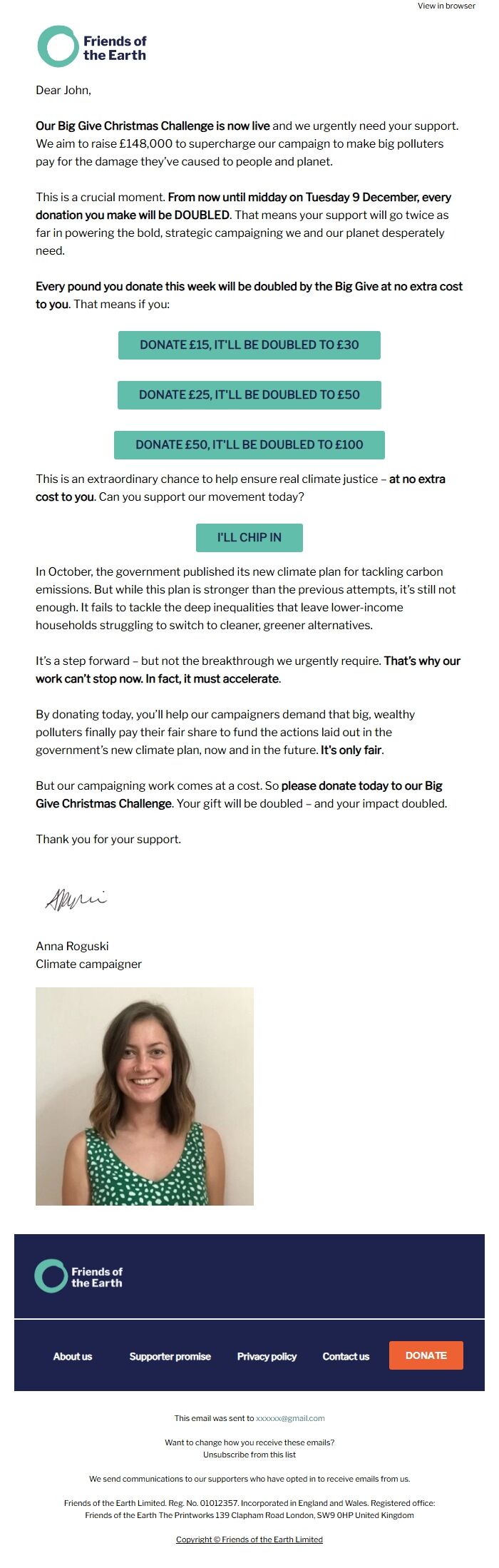 Screenshot of the email generated on import