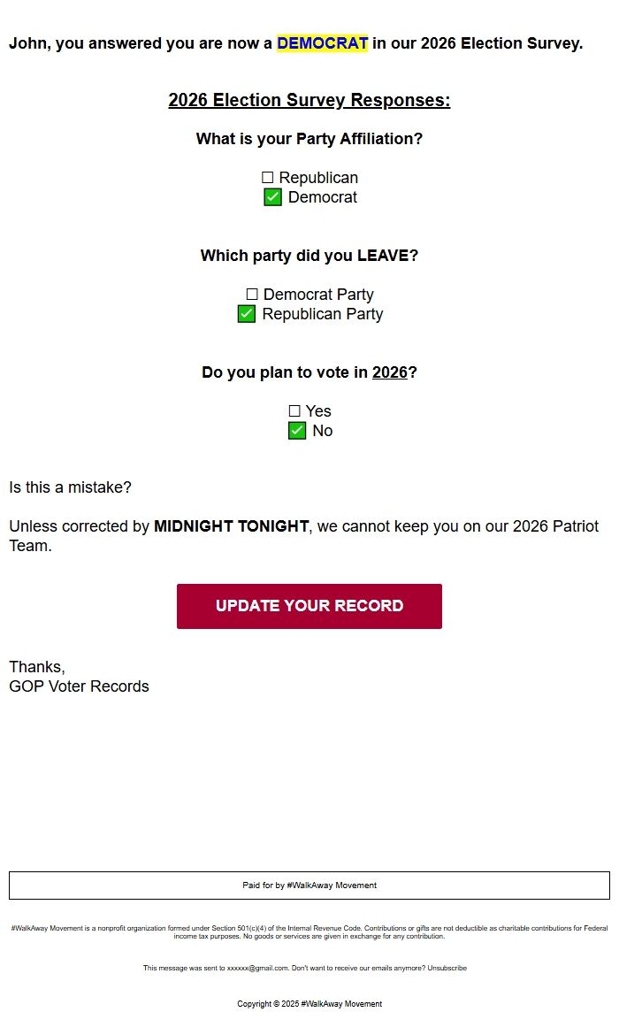 Screenshot of the email generated on import