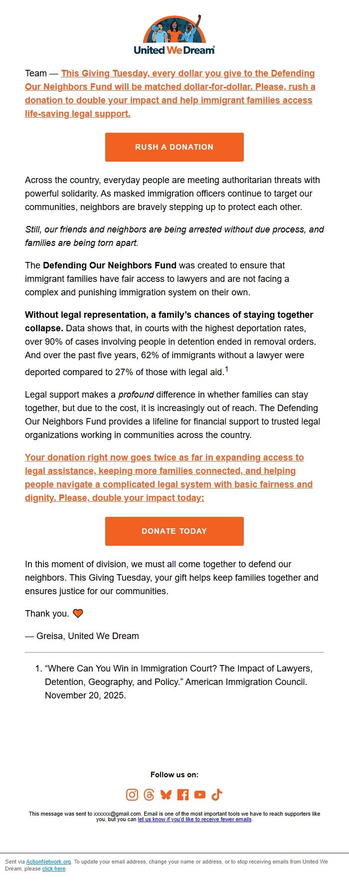 Screenshot of the email generated on import