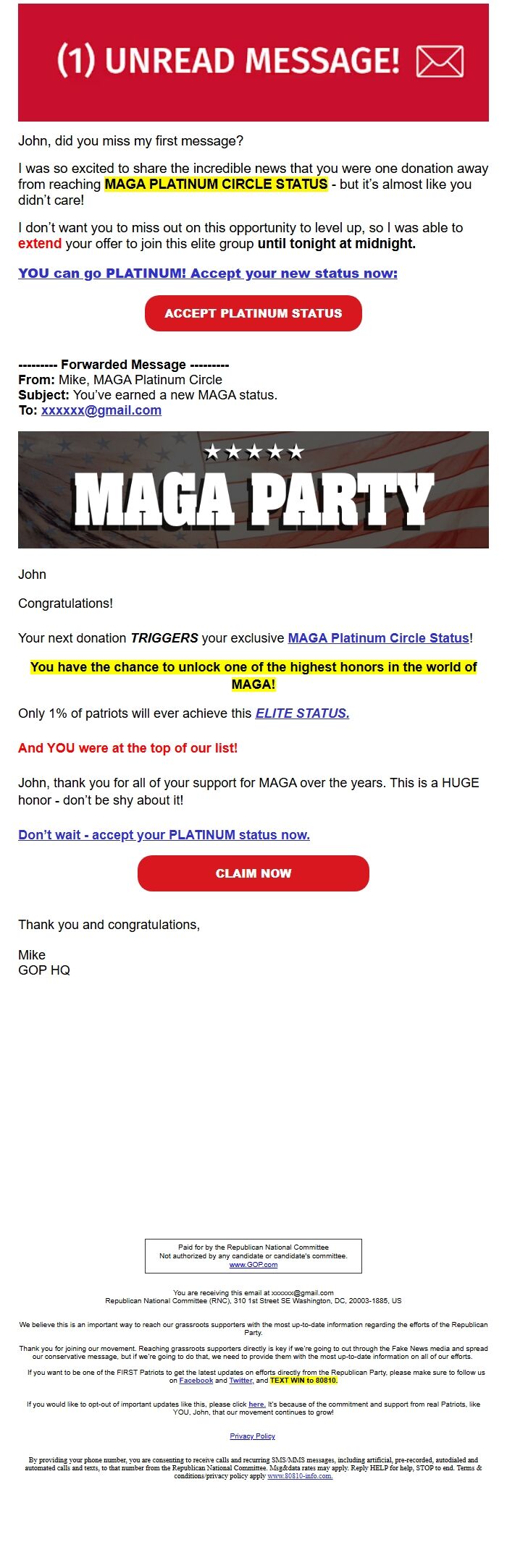 Screenshot of the email generated on import