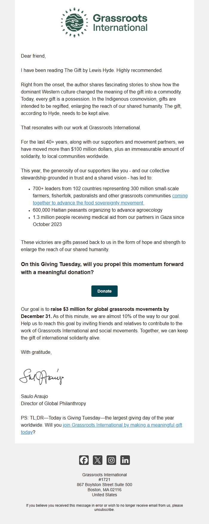 Screenshot of the email generated on import