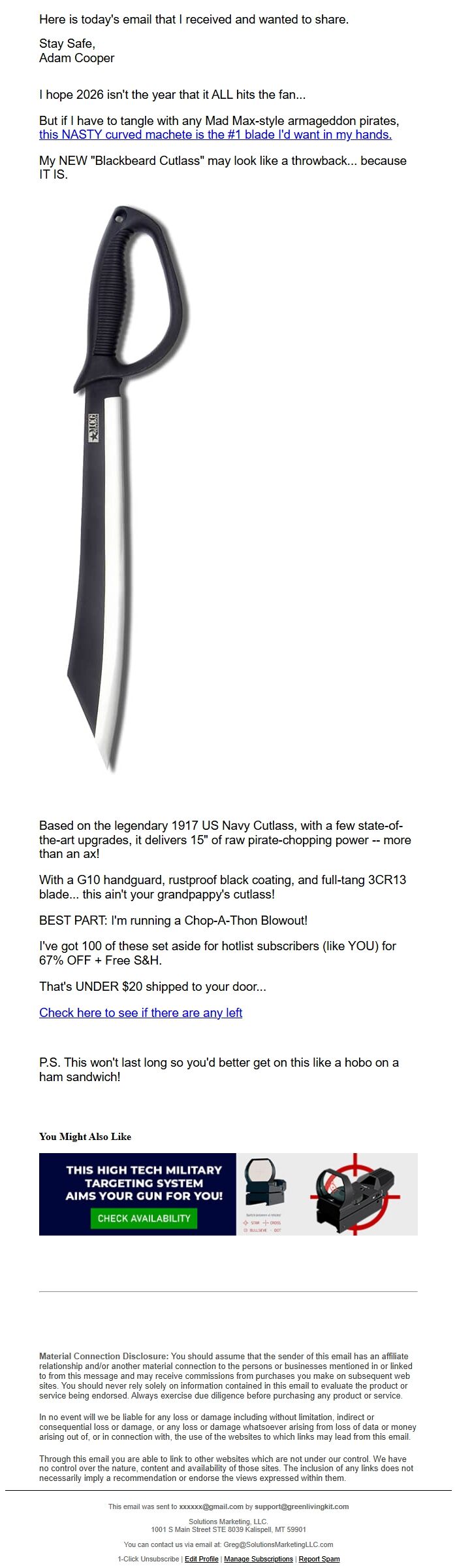 Screenshot of the email generated on import