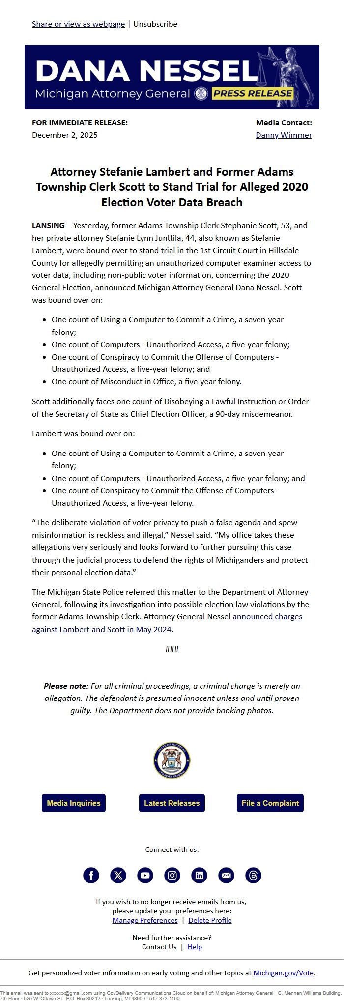 Screenshot of the email generated on import