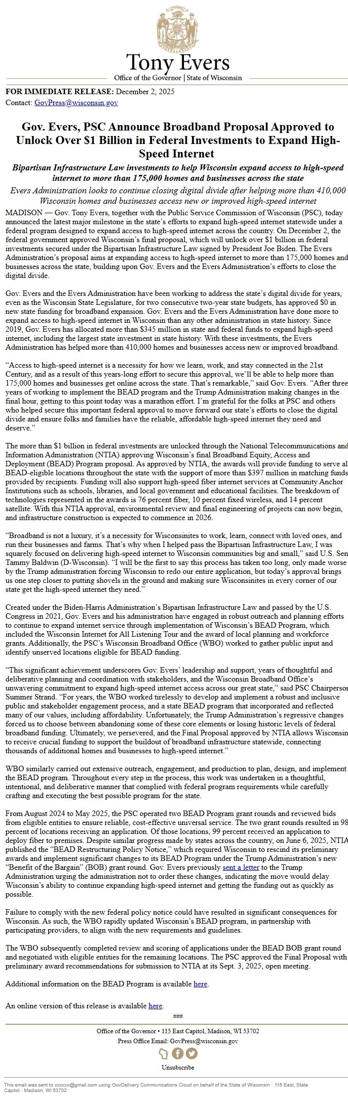 Screenshot of the email generated on import