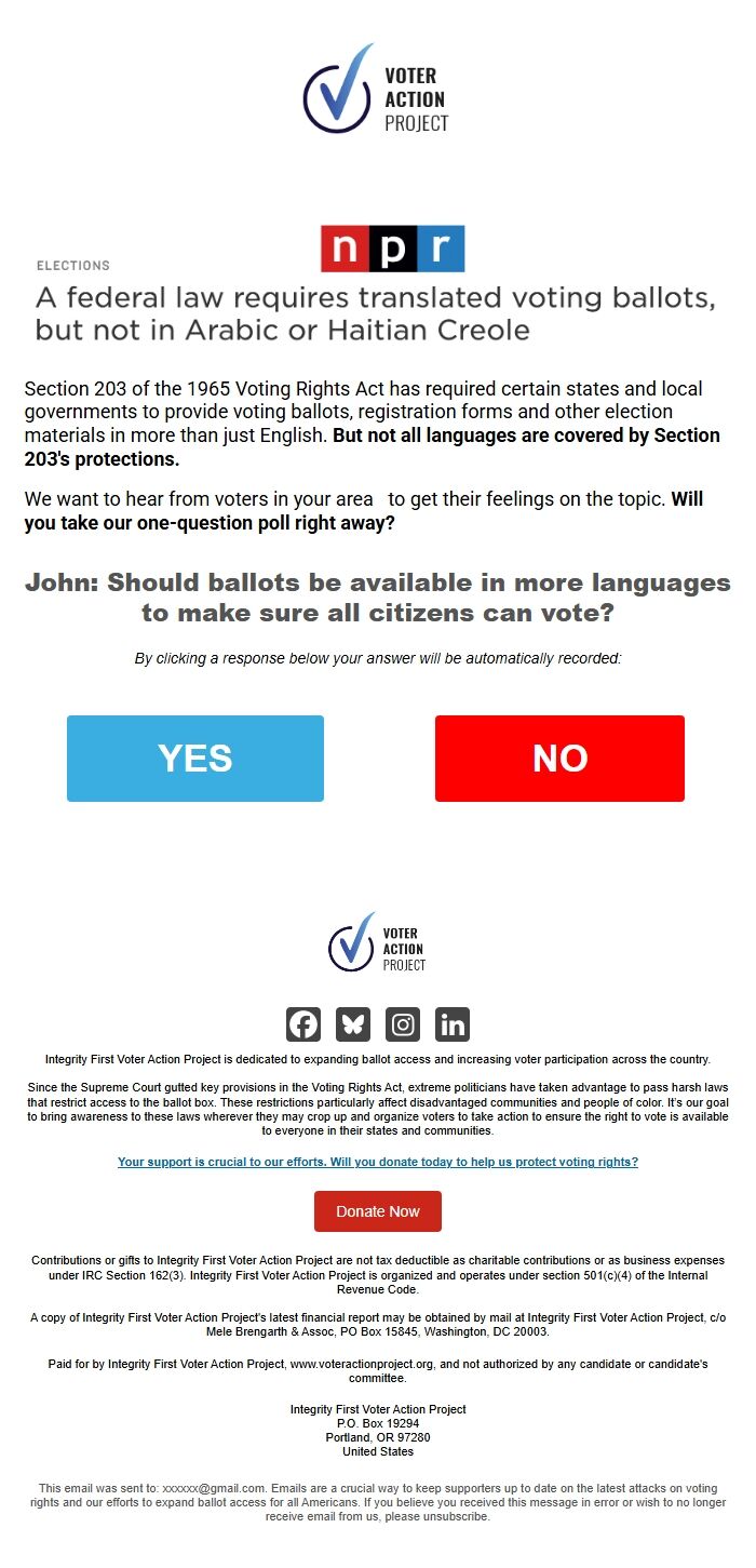 Screenshot of the email generated on import