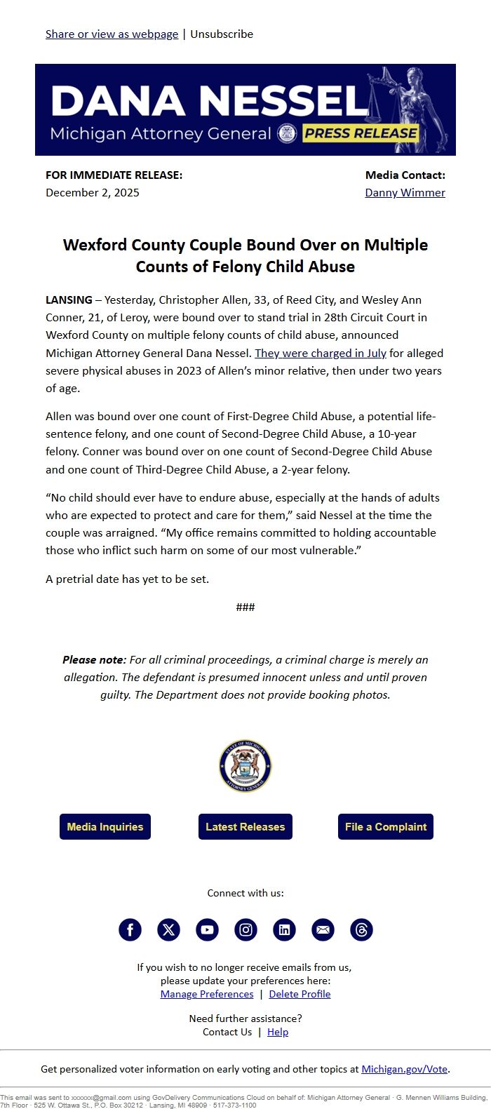 Screenshot of the email generated on import