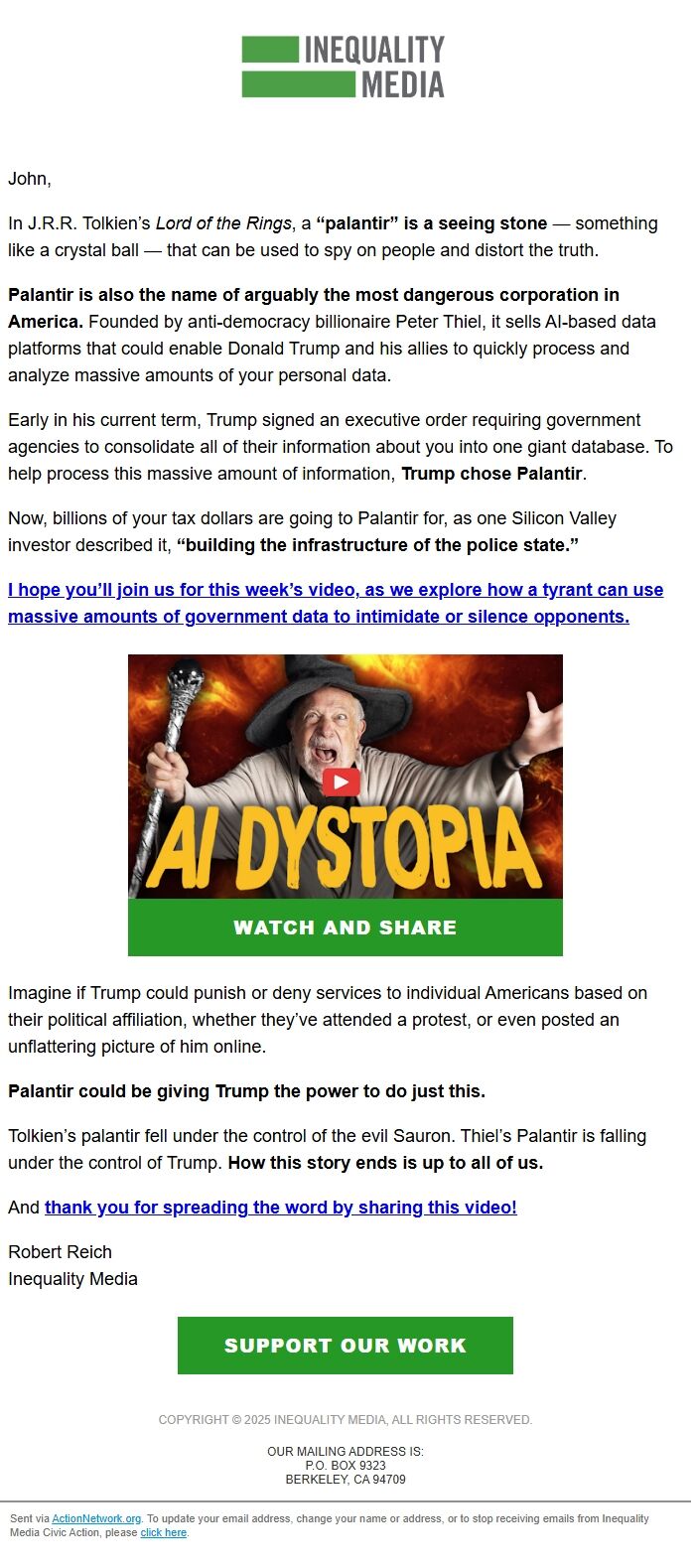 Screenshot of the email generated on import