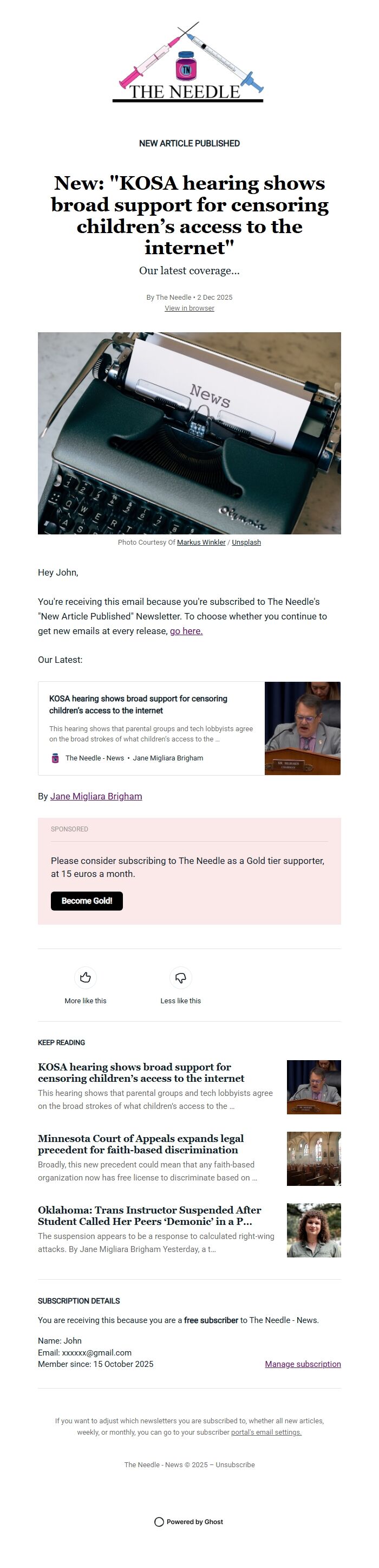 Screenshot of the email generated on import